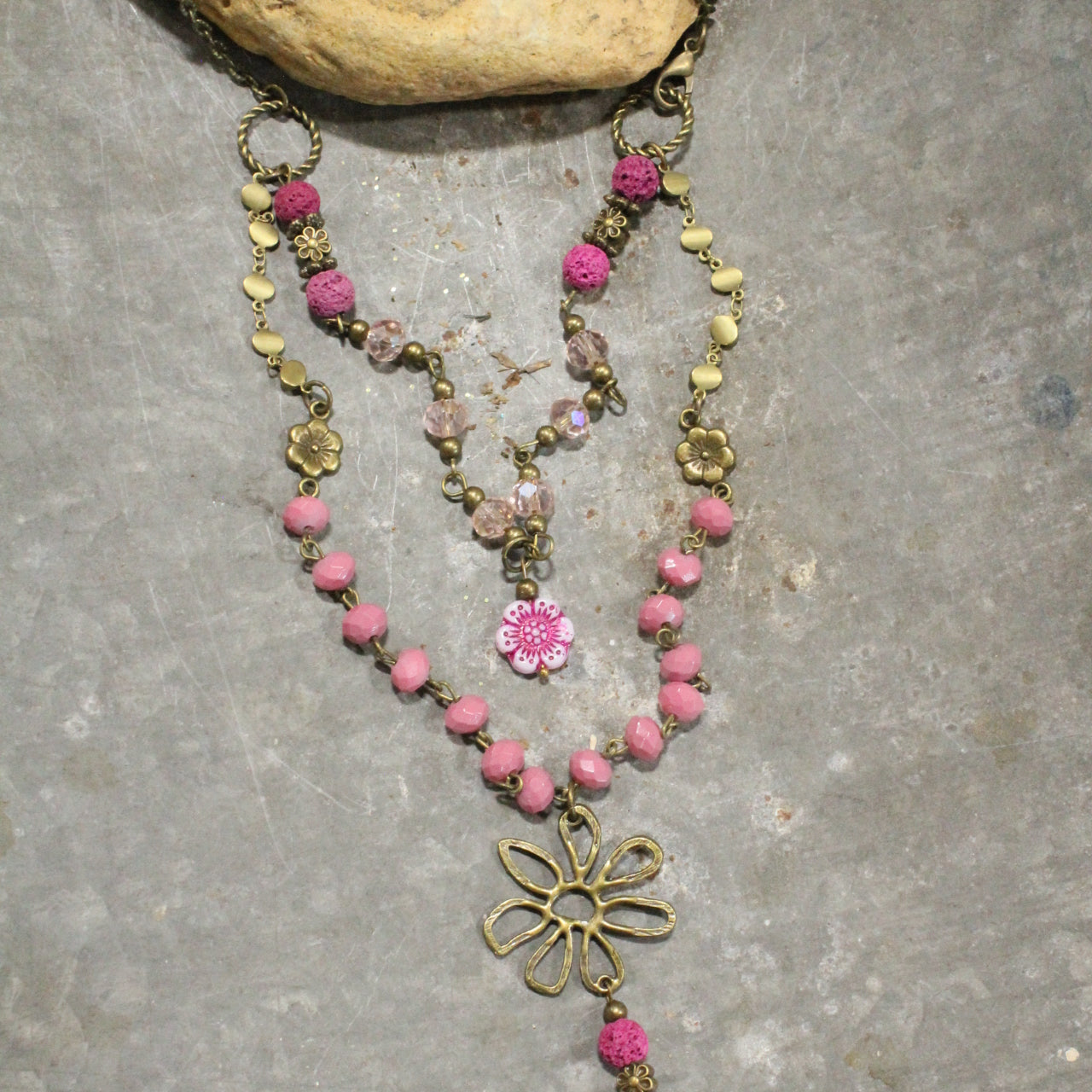 Flower Power Czech Pink Layered Necklace