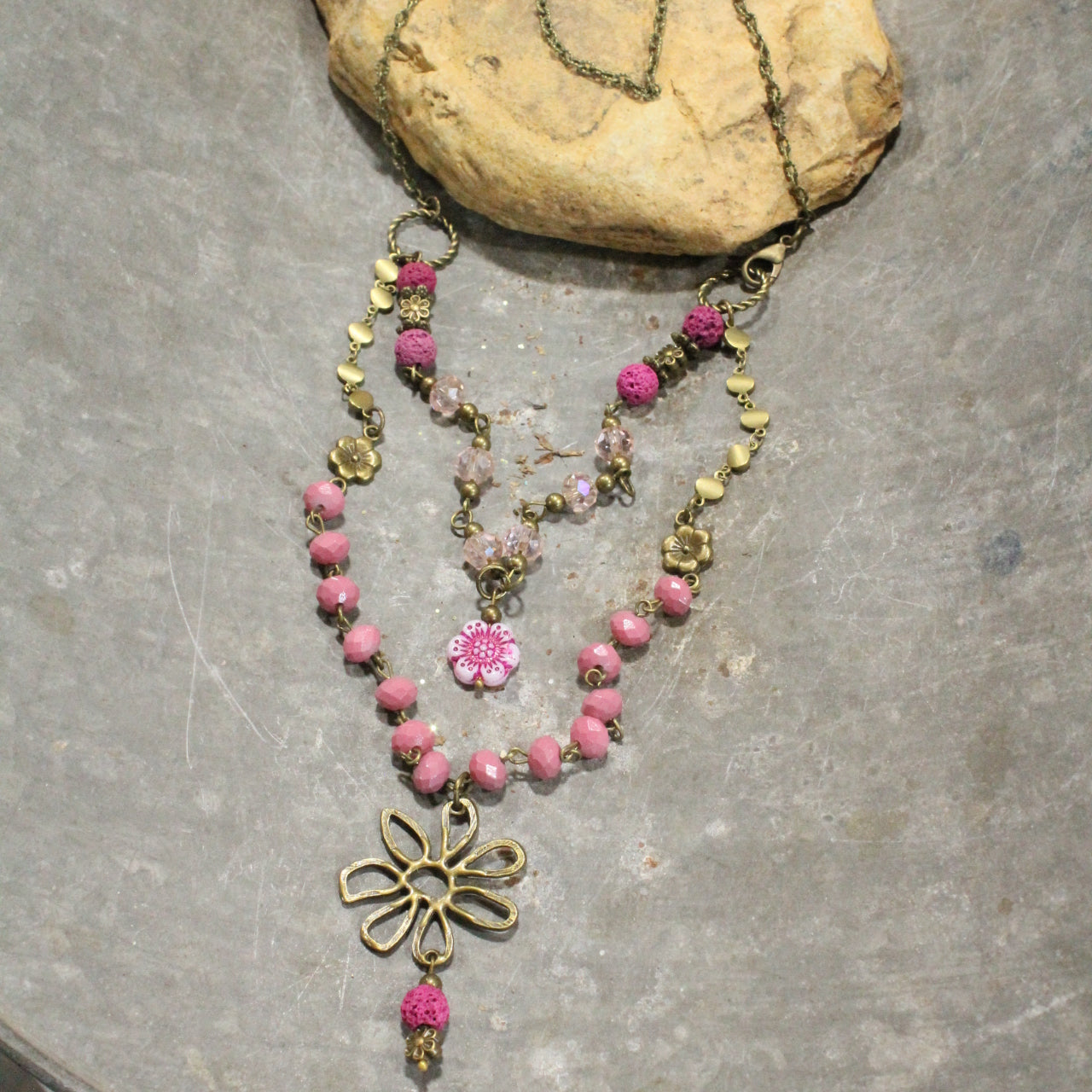 Flower Power Czech Pink Layered Necklace