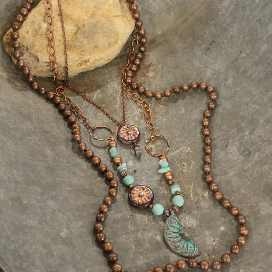 Copper Drop Tribal Pattern Czech Necklace Set