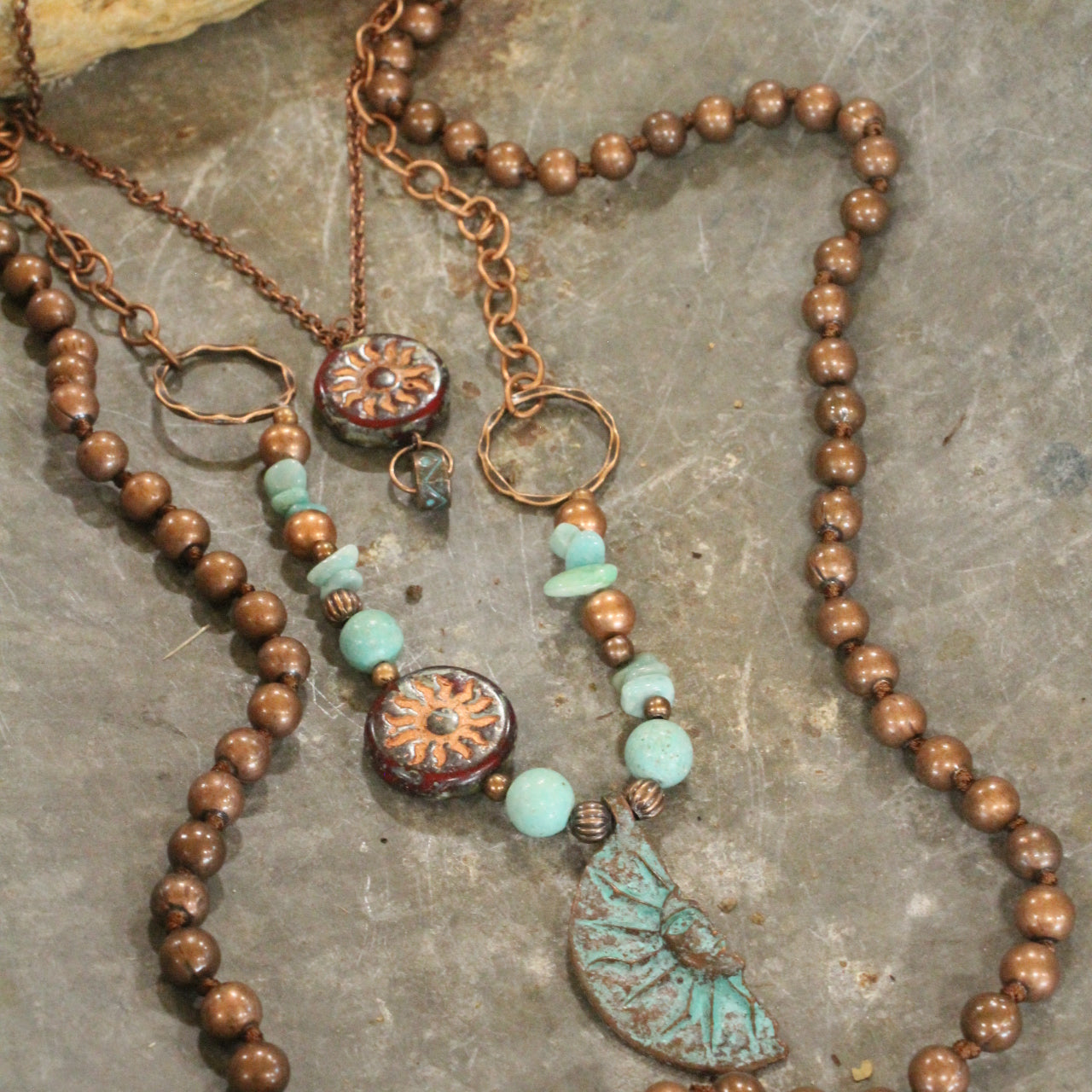 Copper Drop Tribal Pattern Czech Necklace Set