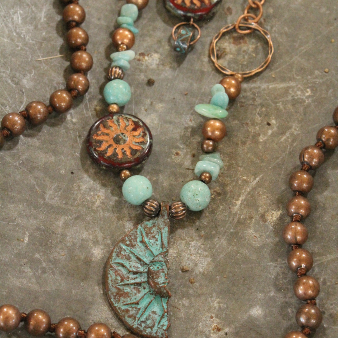 Copper Drop Tribal Pattern Czech Necklace Set