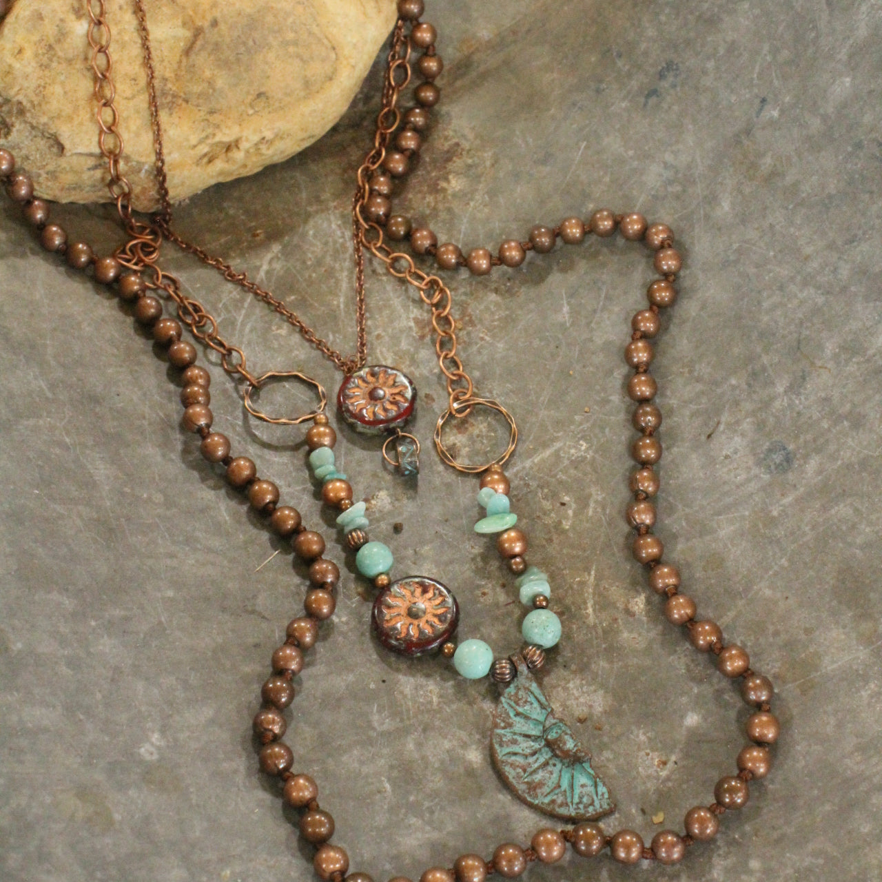 Copper Drop Tribal Pattern Czech Necklace Set