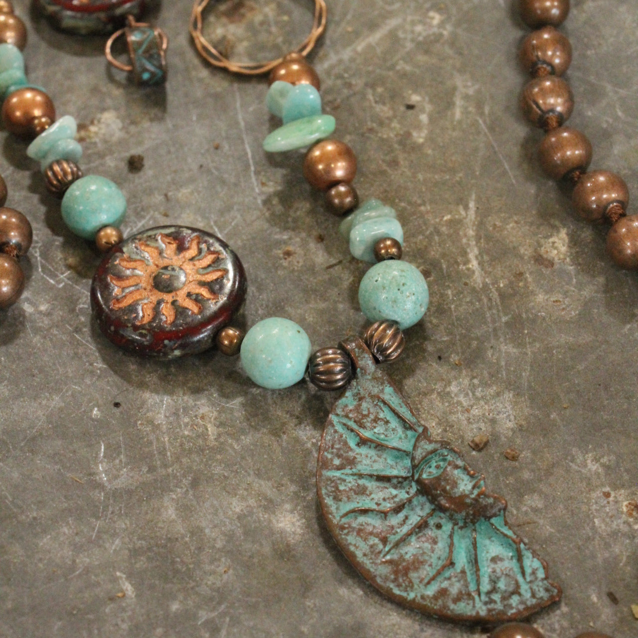 Copper Drop Tribal Pattern Czech Necklace Set