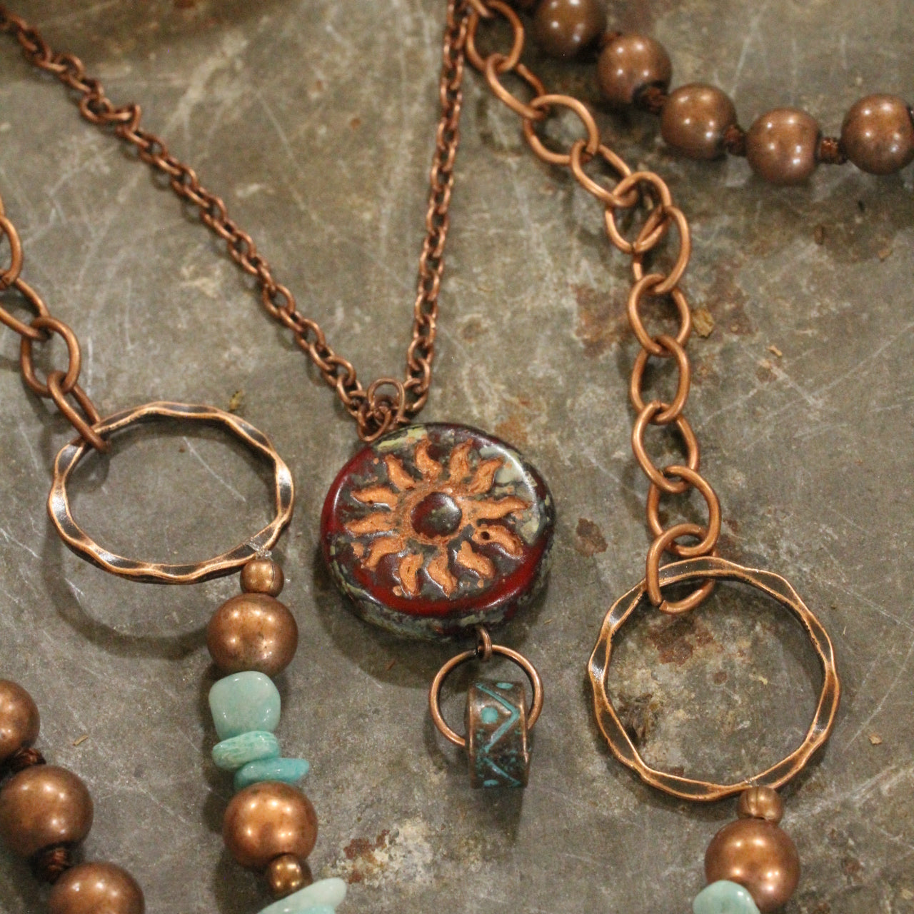 Copper Drop Tribal Pattern Czech Necklace Set