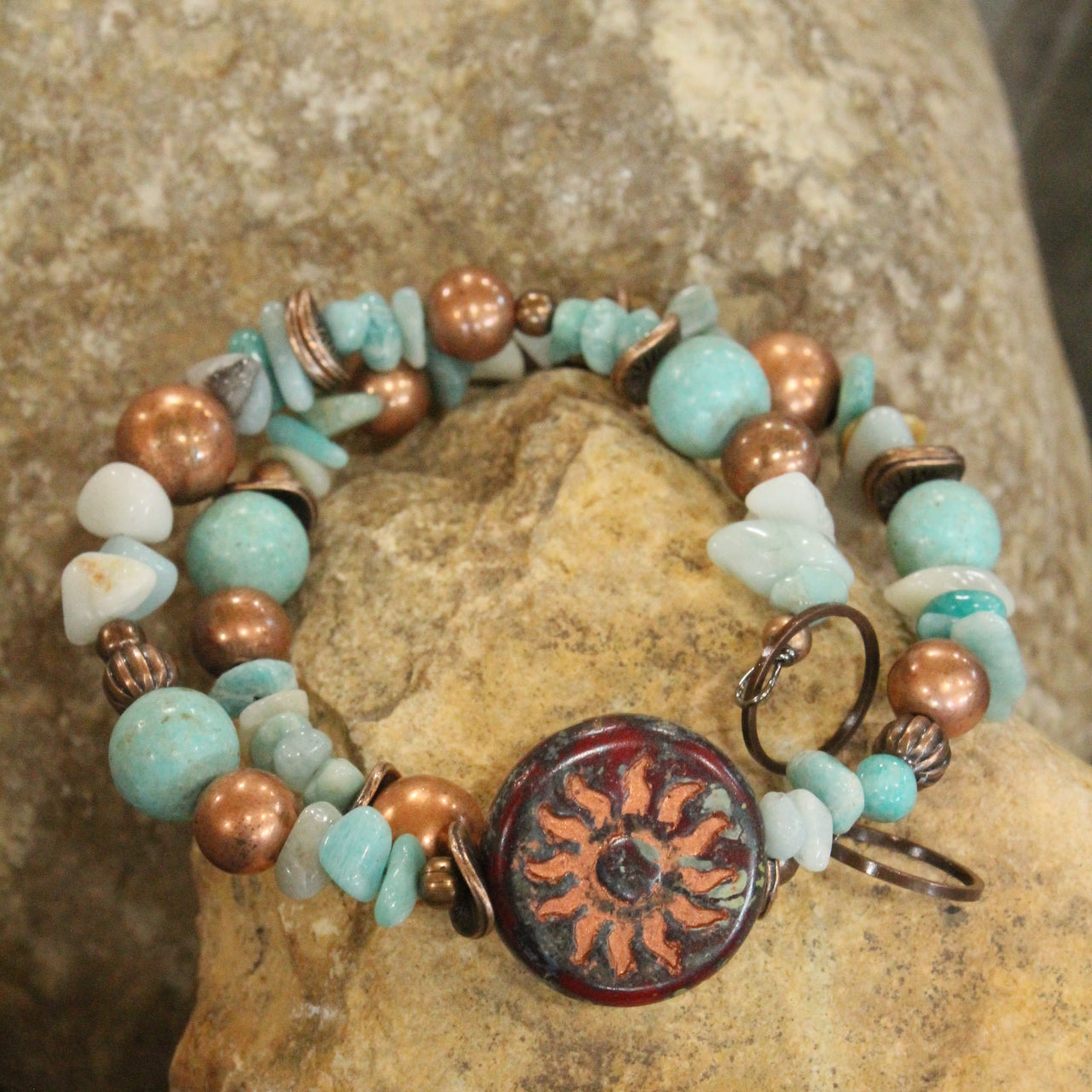 Copper Drop Tribal Pattern Czech Wrap Bracelet