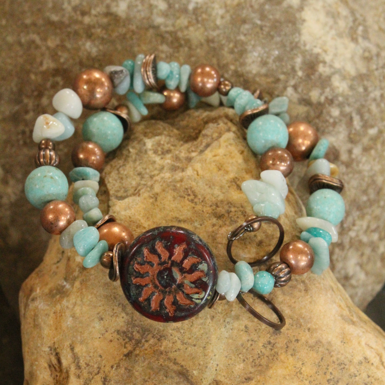 Copper Drop Tribal Pattern Czech Wrap Bracelet