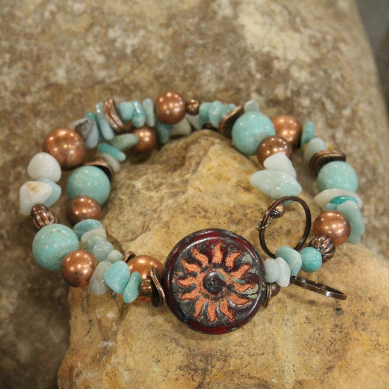 Copper Drop Tribal Pattern Czech Wrap Bracelet