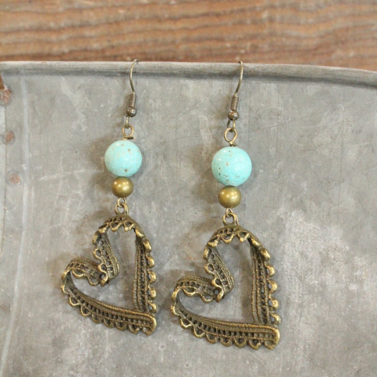 Bronze & Turquoise Heart Earrings