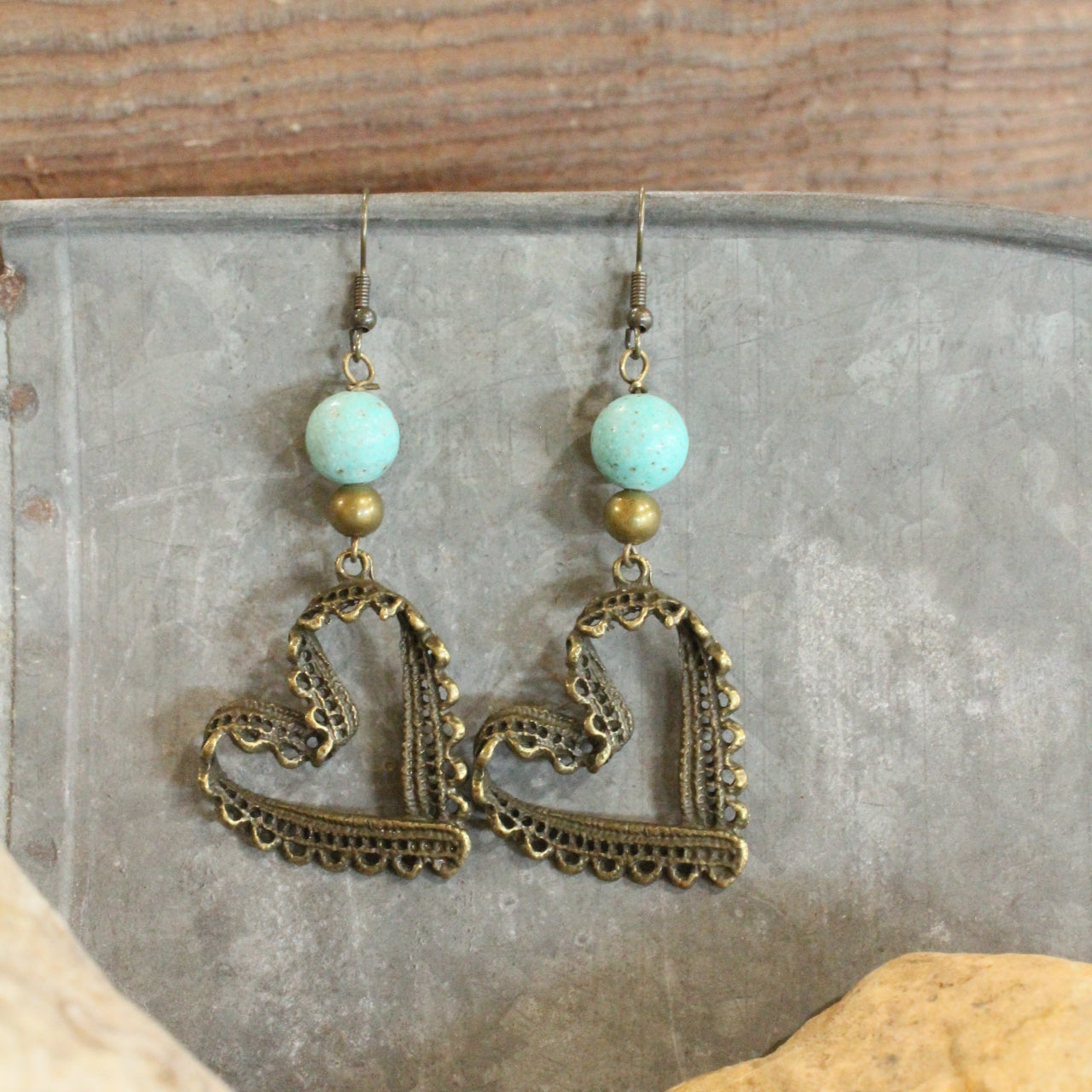 Bronze & Turquoise Heart Earrings