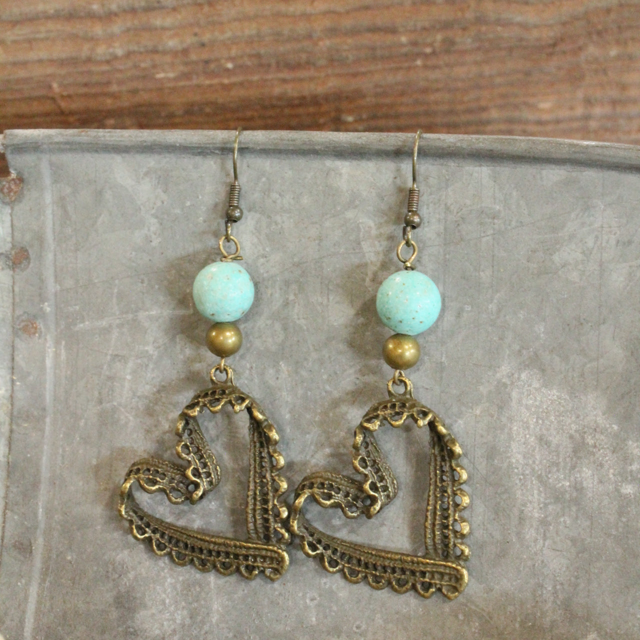 Bronze & Turquoise Heart Earrings