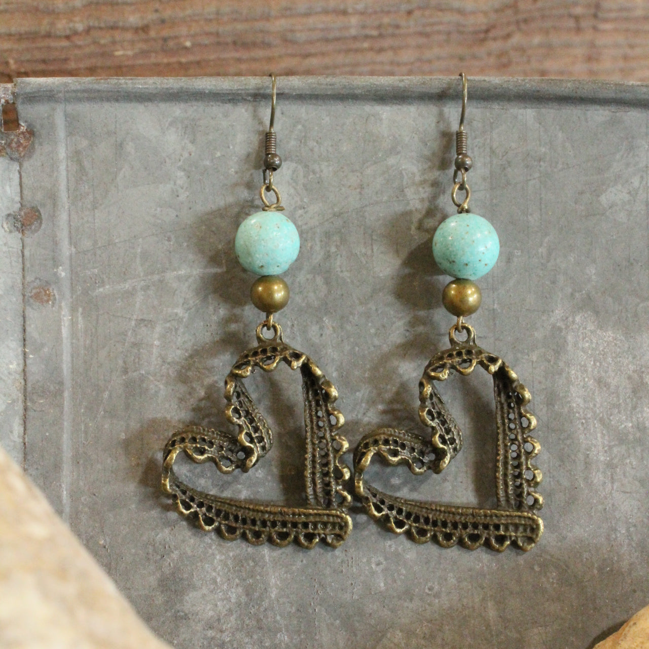 Bronze & Turquoise Heart Earrings