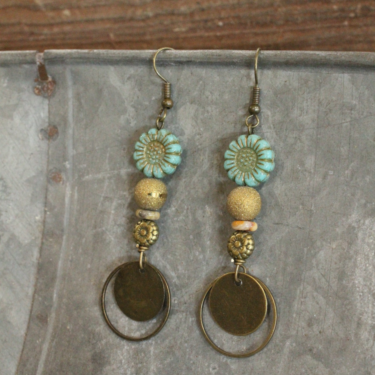 Bronze & Czech Flower Vintage Earrings