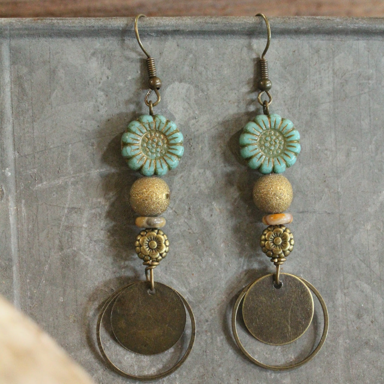 Bronze & Czech Flower Vintage Earrings