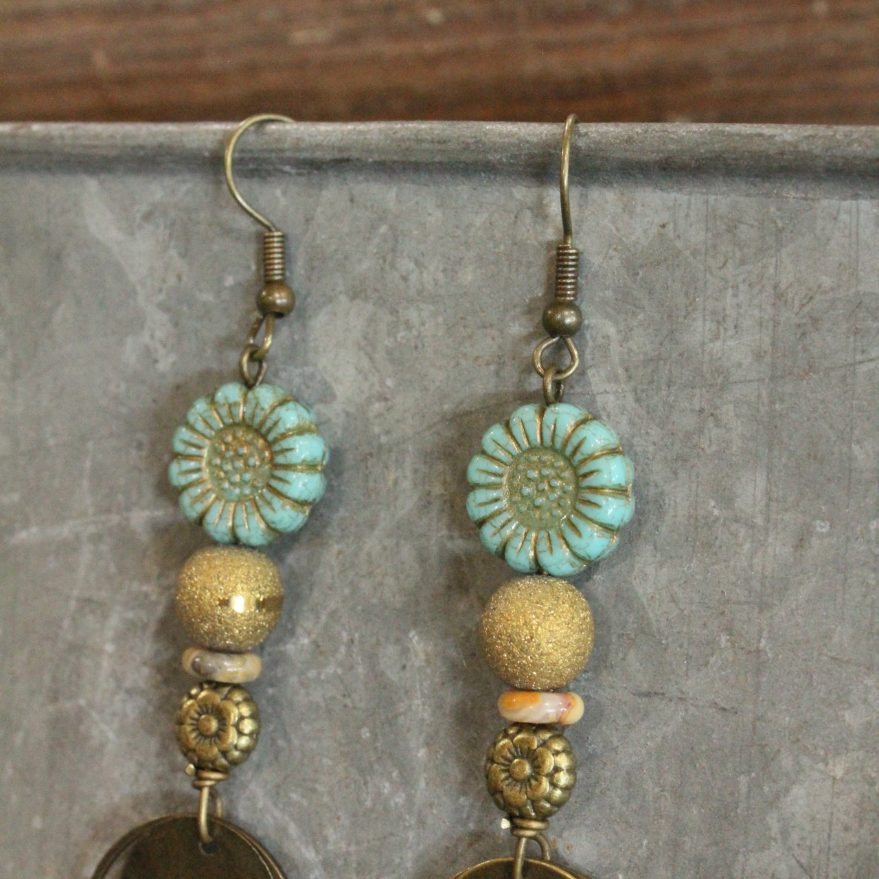 Bronze & Czech Flower Vintage Earrings