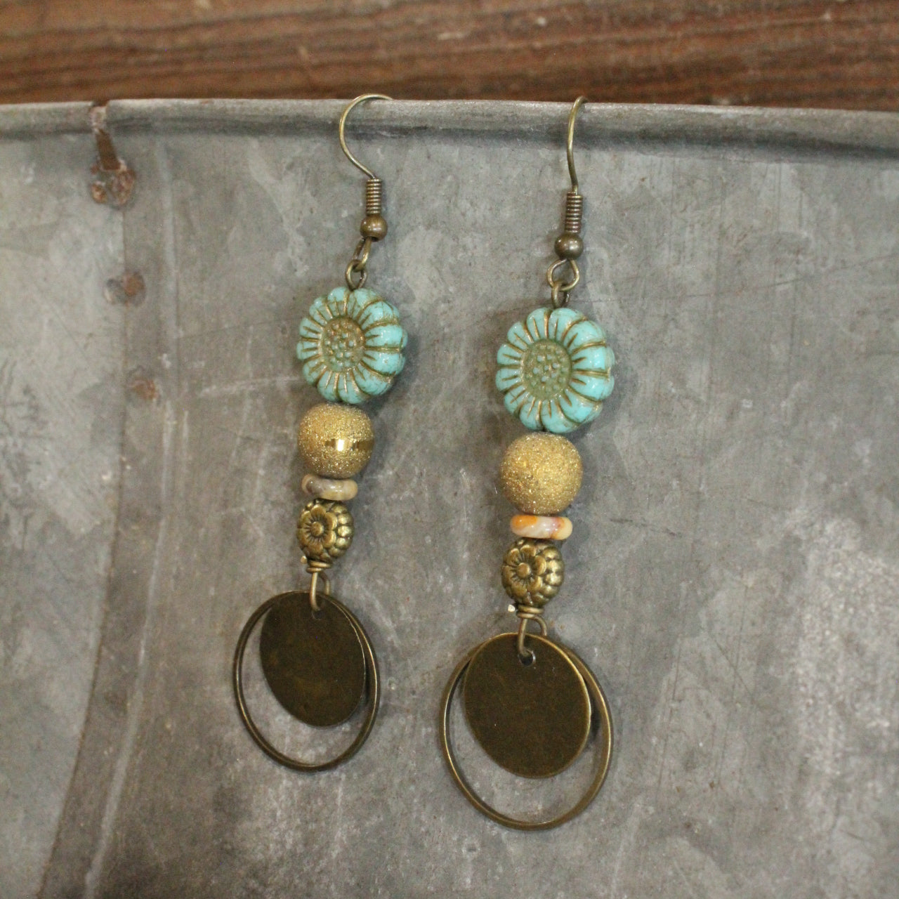 Bronze & Czech Flower Vintage Earrings