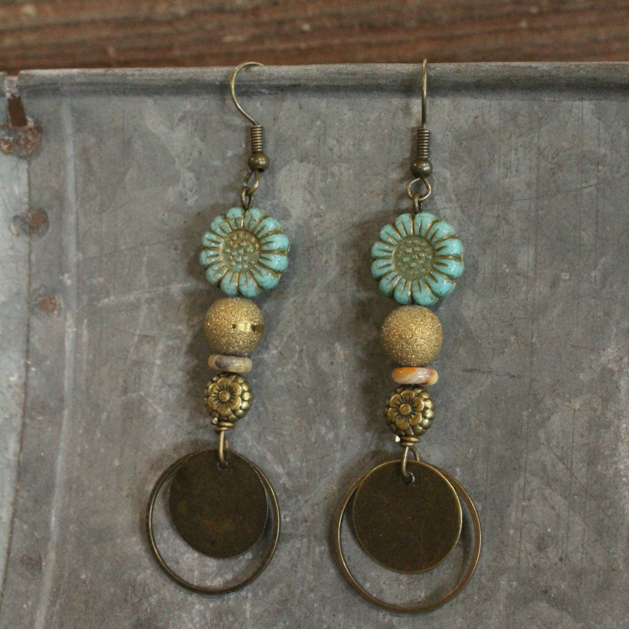 Bronze & Czech Flower Vintage Earrings