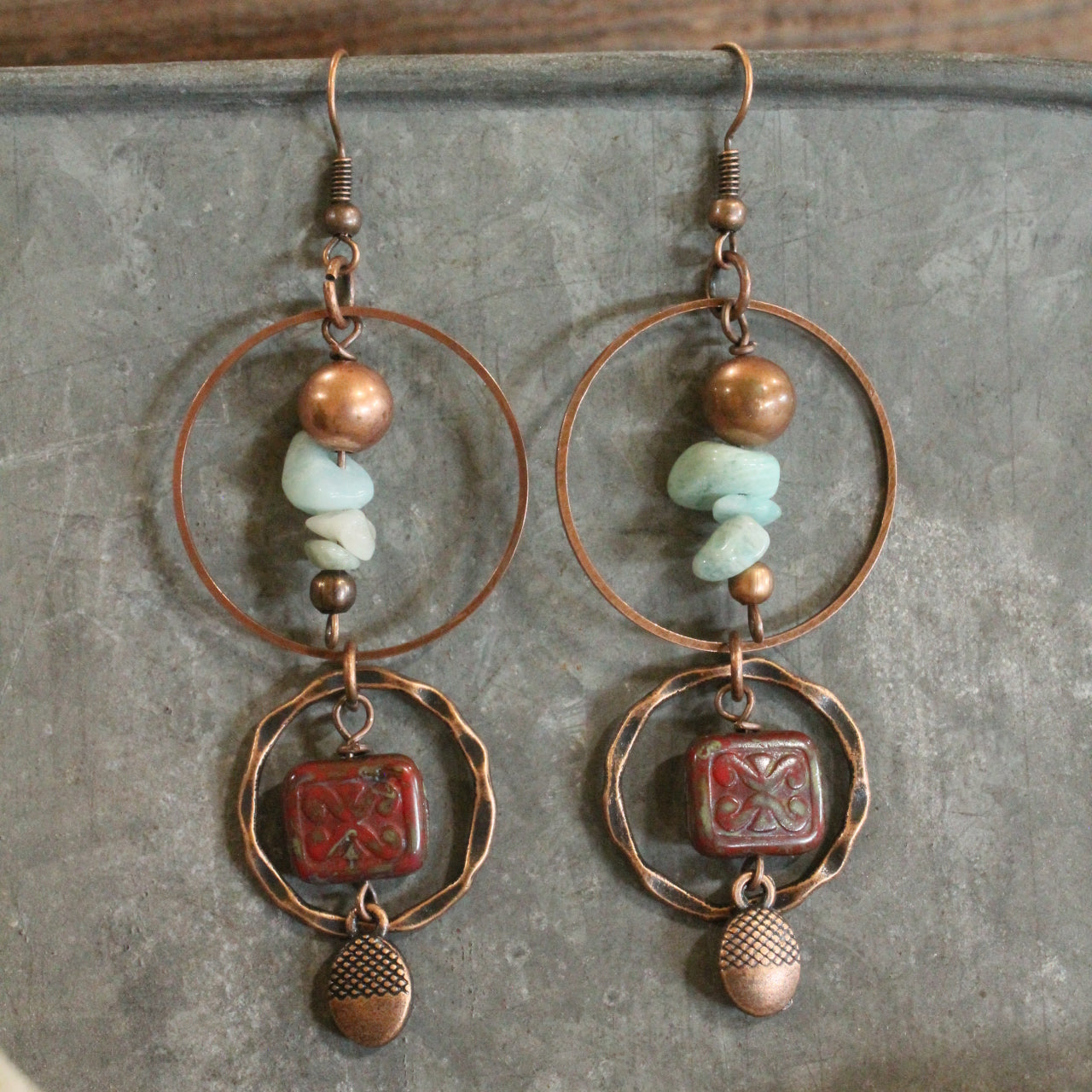 Copper Drop Tribal Pattern Czech Earrings