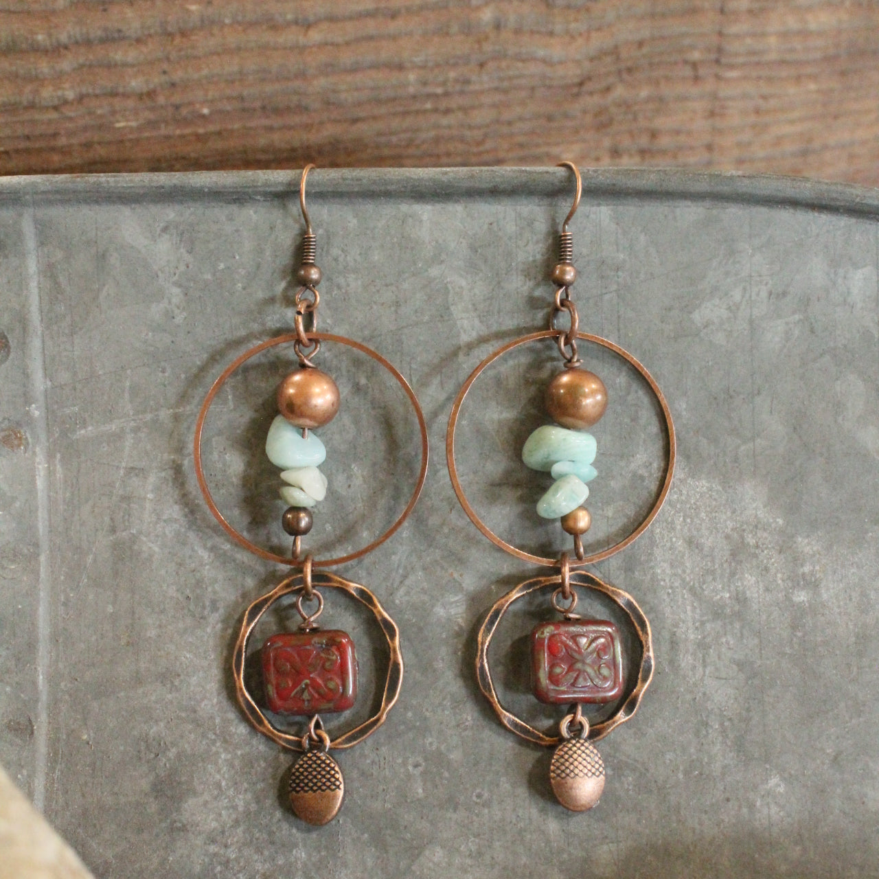 Copper Drop Tribal Pattern Czech Earrings