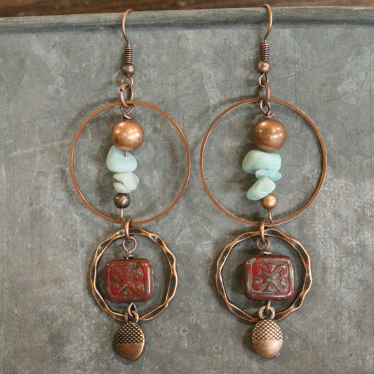 Copper Drop Tribal Pattern Czech Earrings