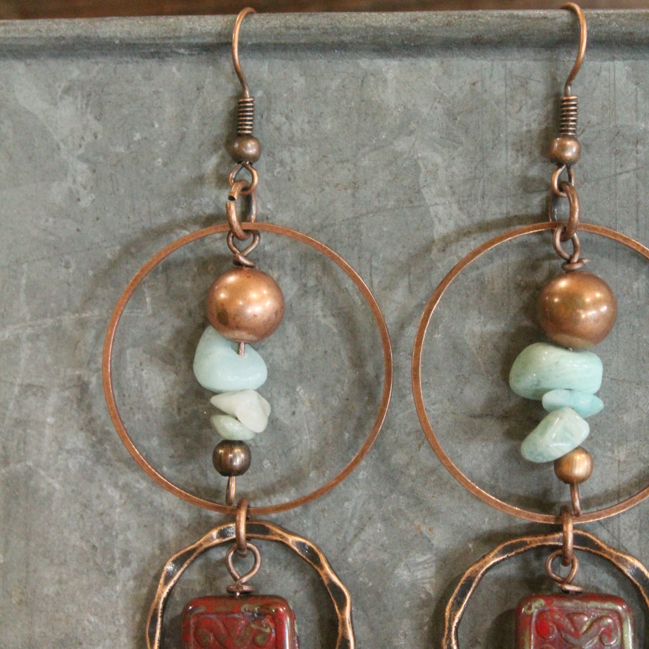 Copper Drop Tribal Pattern Czech Earrings