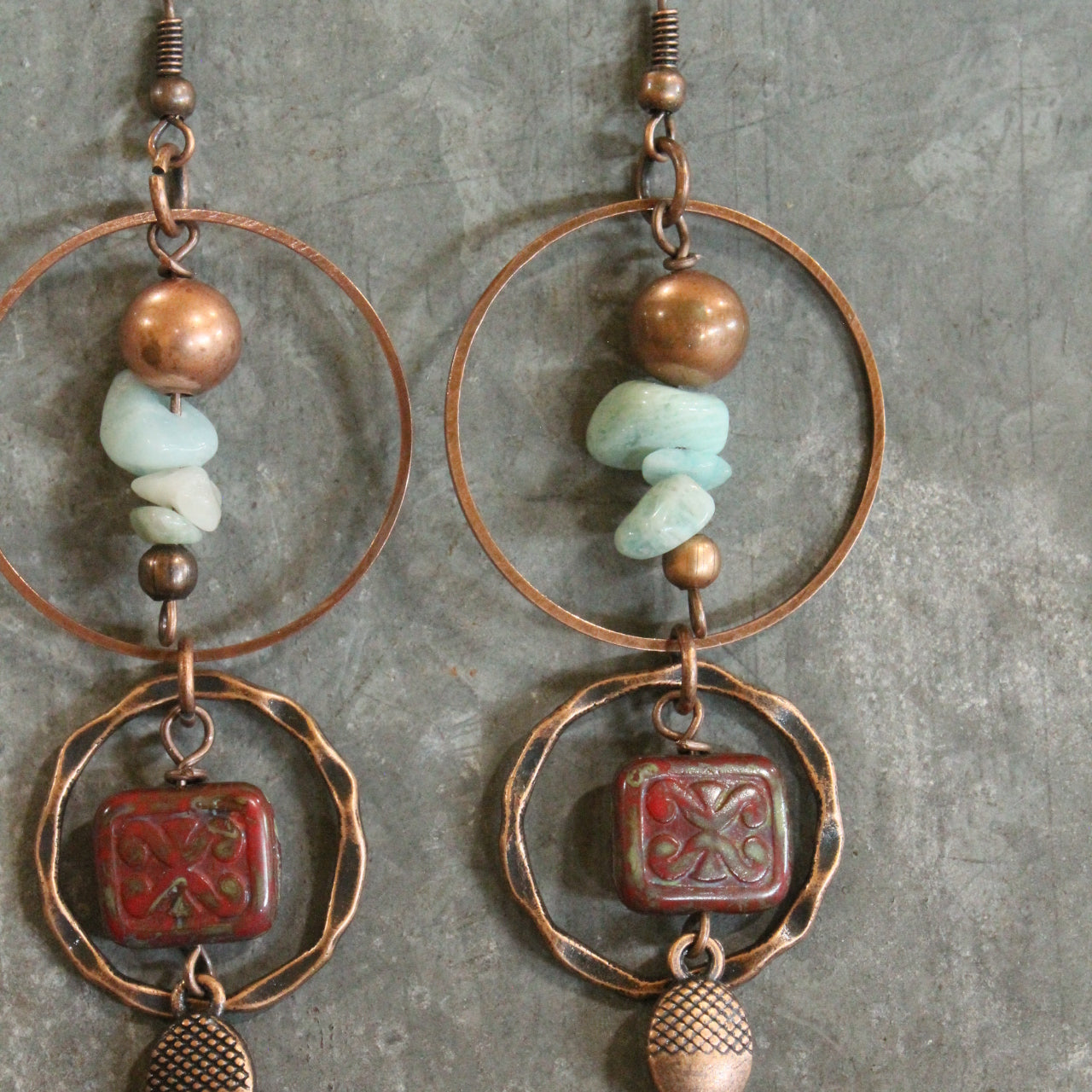 Copper Drop Tribal Pattern Czech Earrings