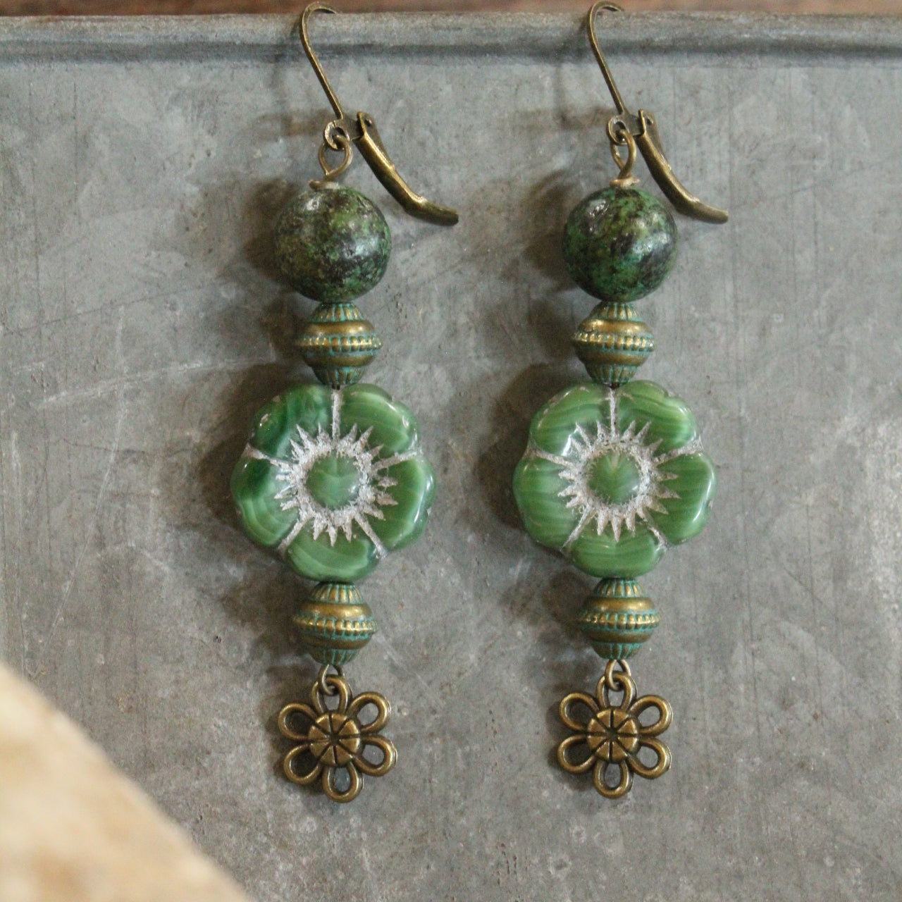 Vintage Green Flower Drop Czech Earrings