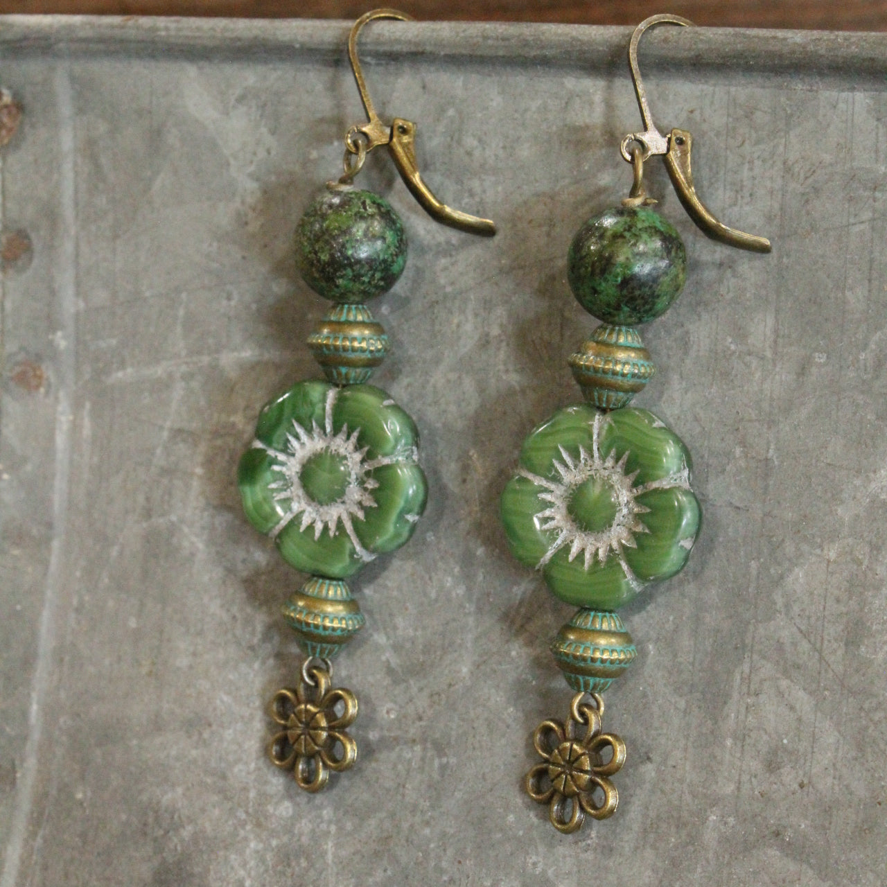 Vintage Green Flower Drop Czech Earrings