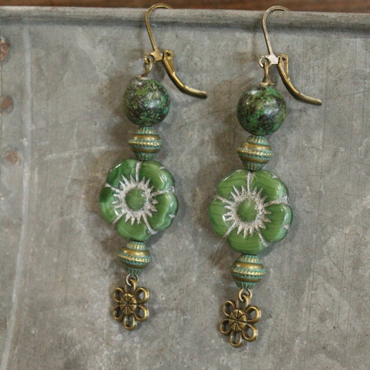 Vintage Green Flower Drop Czech Earrings