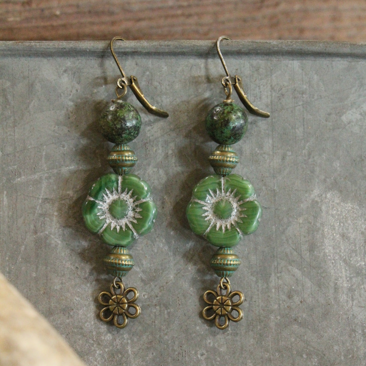 Vintage Green Flower Drop Czech Earrings