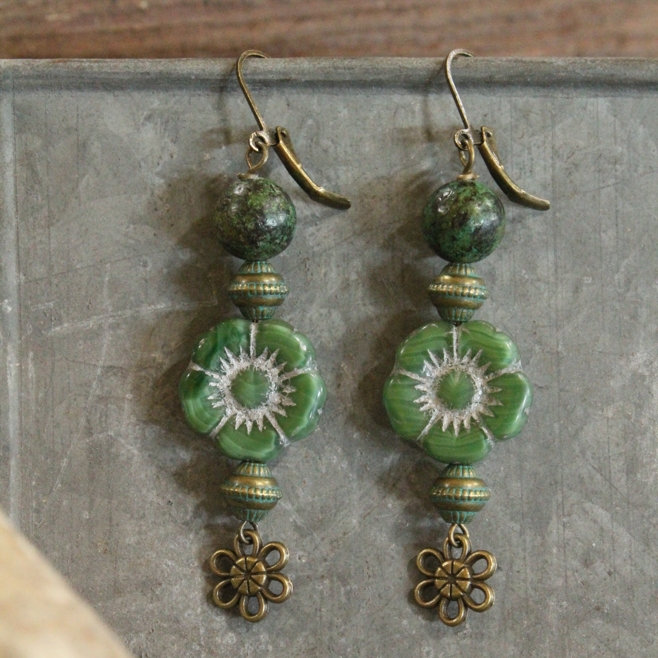 Vintage Green Flower Drop Czech Earrings