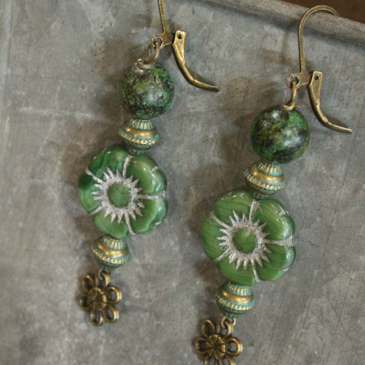 Vintage Green Flower Drop Czech Earrings