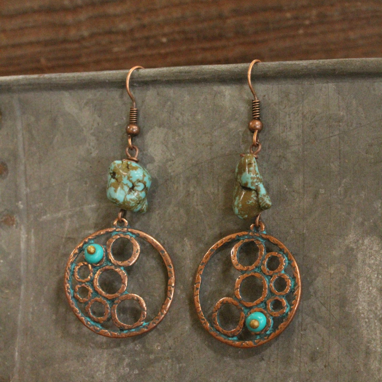 Verdigris Gypsy Turquoise Nugget Copper Dangle Earrings