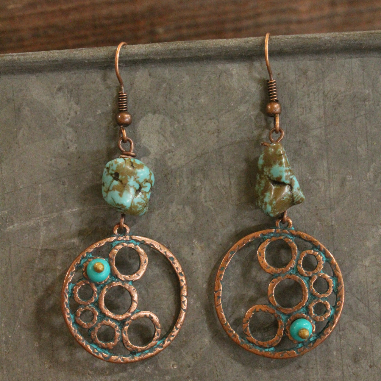 Verdigris Gypsy Turquoise Nugget Copper Dangle Earrings