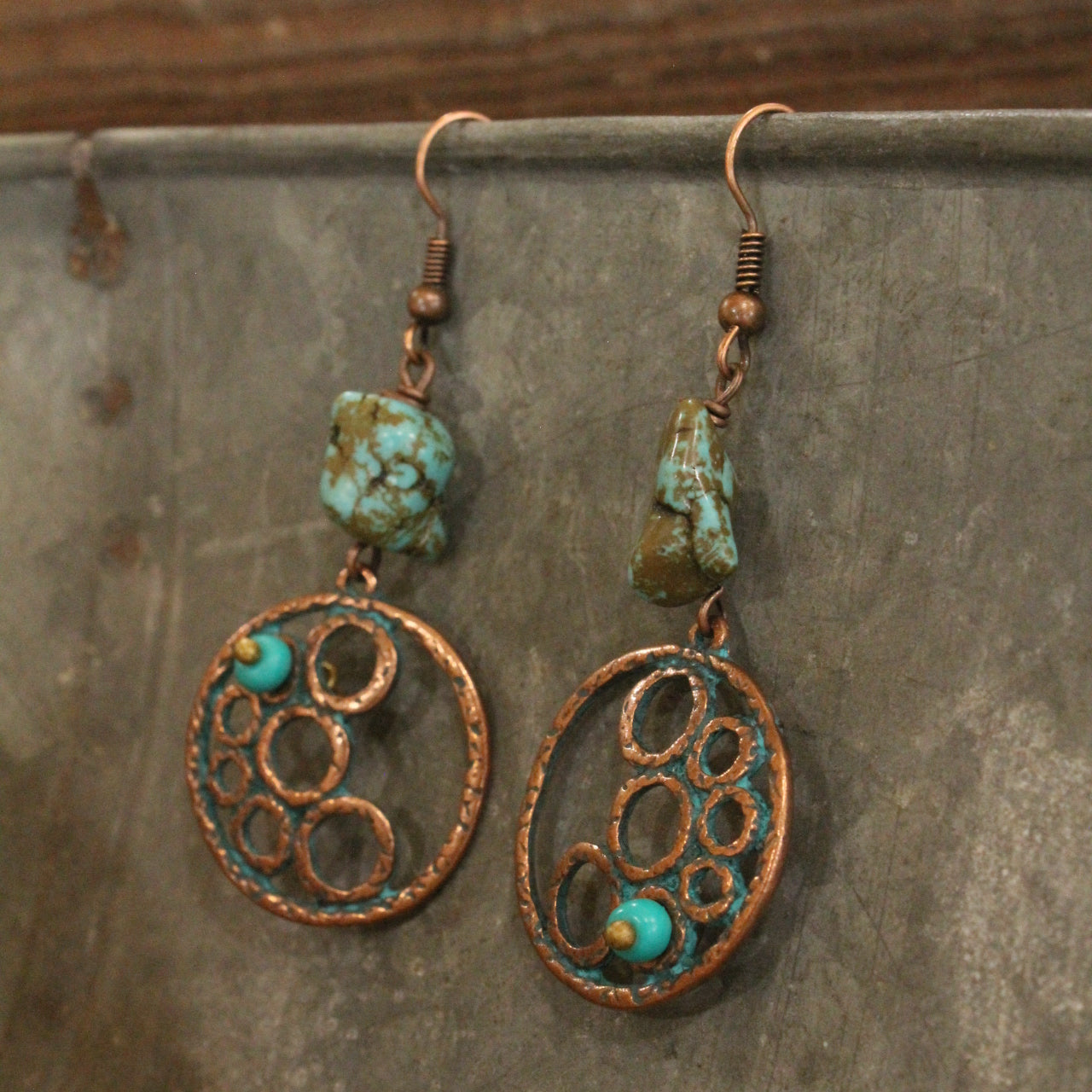 Verdigris Gypsy Turquoise Nugget Copper Dangle Earrings