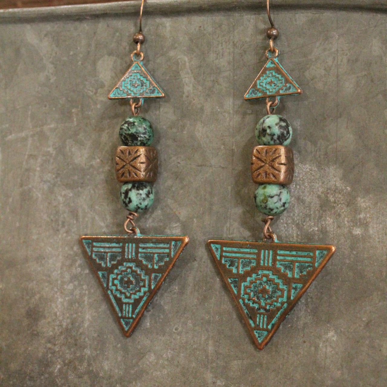 Verdigris Gypsy Tribal Pattern Jade Copper Dangle Earrings