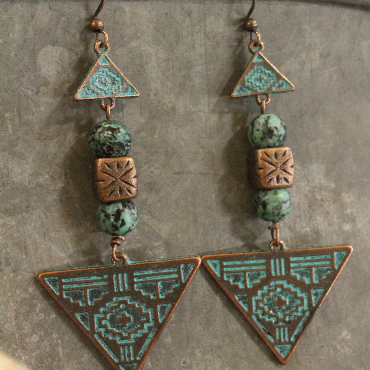 Verdigris Gypsy Tribal Pattern Jade Copper Dangle Earrings