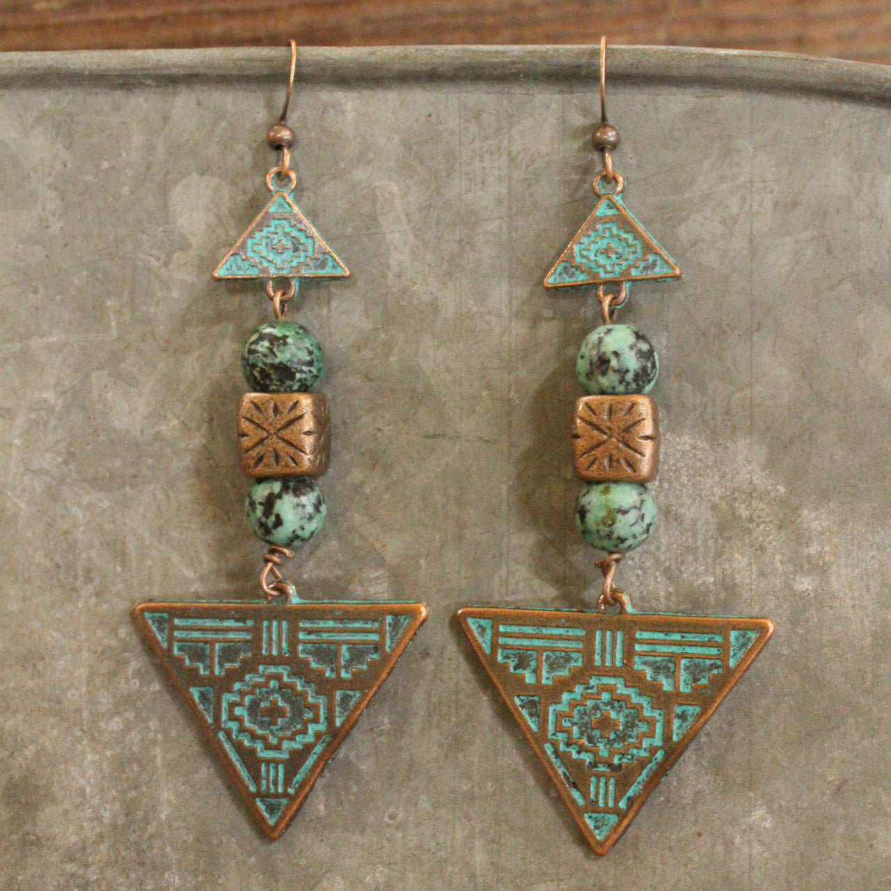 Verdigris Gypsy Tribal Pattern Jade Copper Dangle Earrings