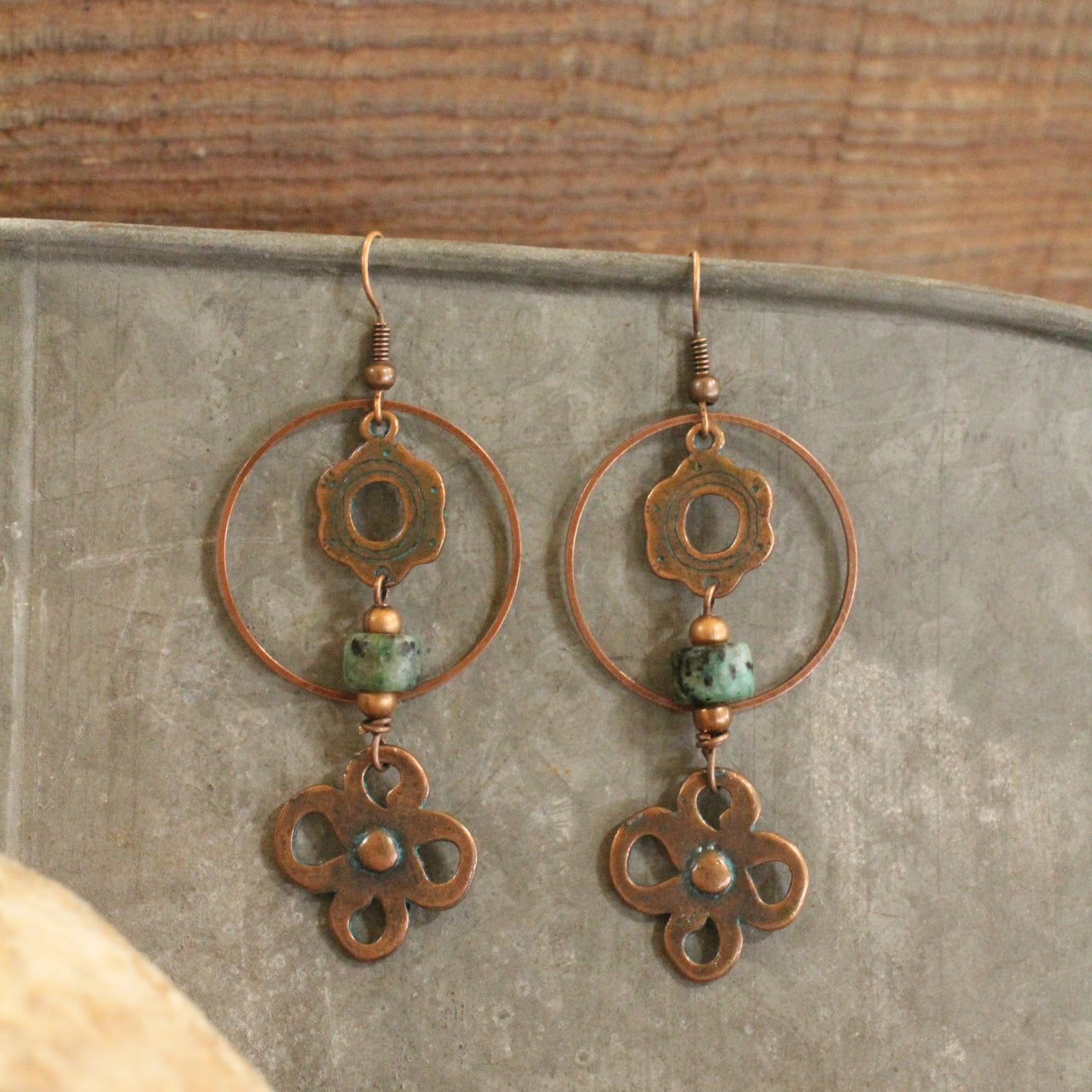 Verdigris Gypsy Clover Leaf Jade Copper Dangle Earrings