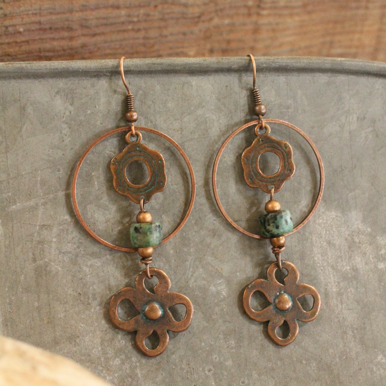 Verdigris Gypsy Clover Leaf Jade Copper Dangle Earrings