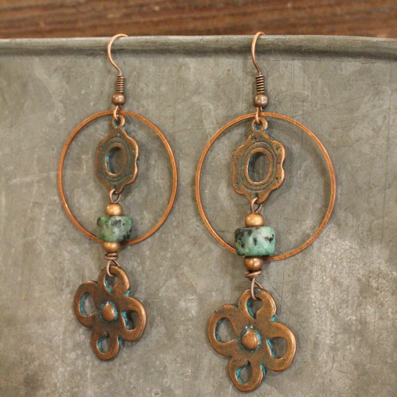 Verdigris Gypsy Clover Leaf Jade Copper Dangle Earrings