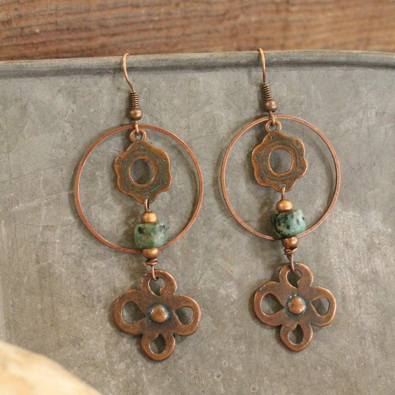 Verdigris Gypsy Clover Leaf Jade Copper Dangle Earrings