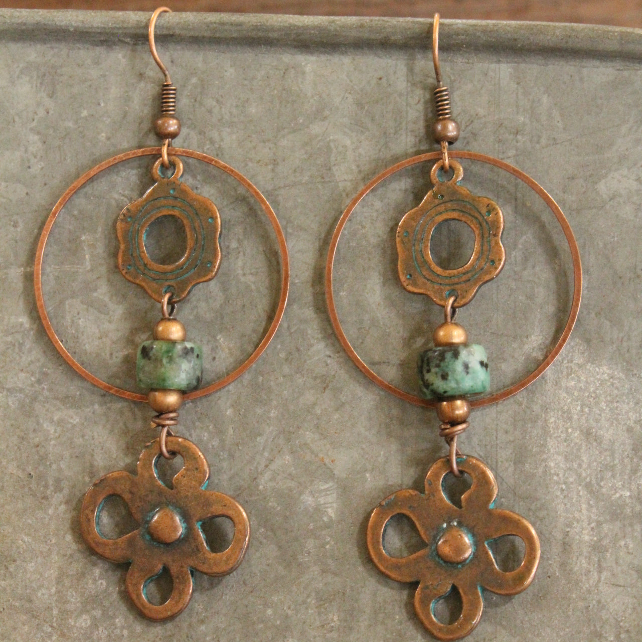 Verdigris Gypsy Clover Leaf Jade Copper Dangle Earrings