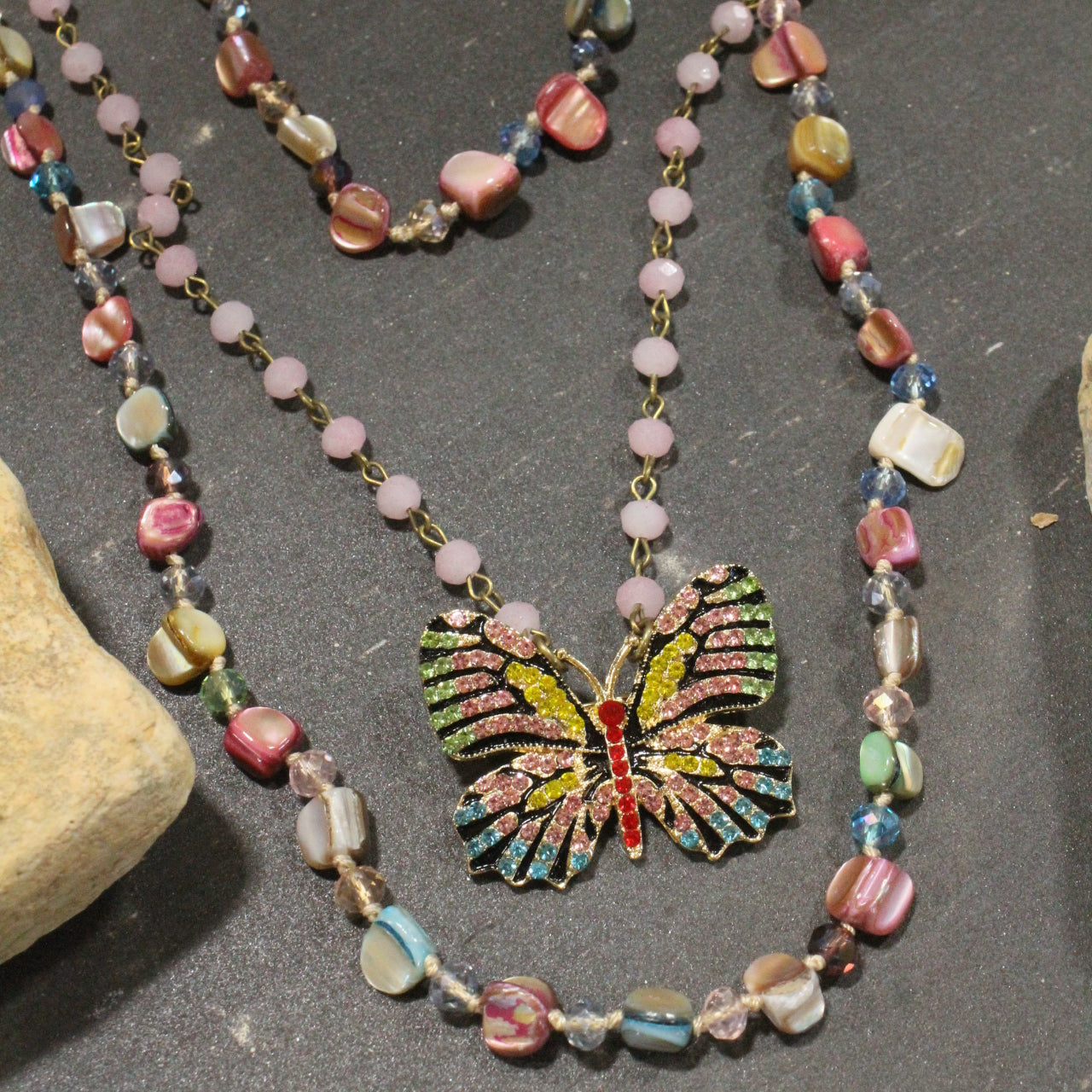 I Can Fly Multi-Color Pink Butterfly Layered Necklace