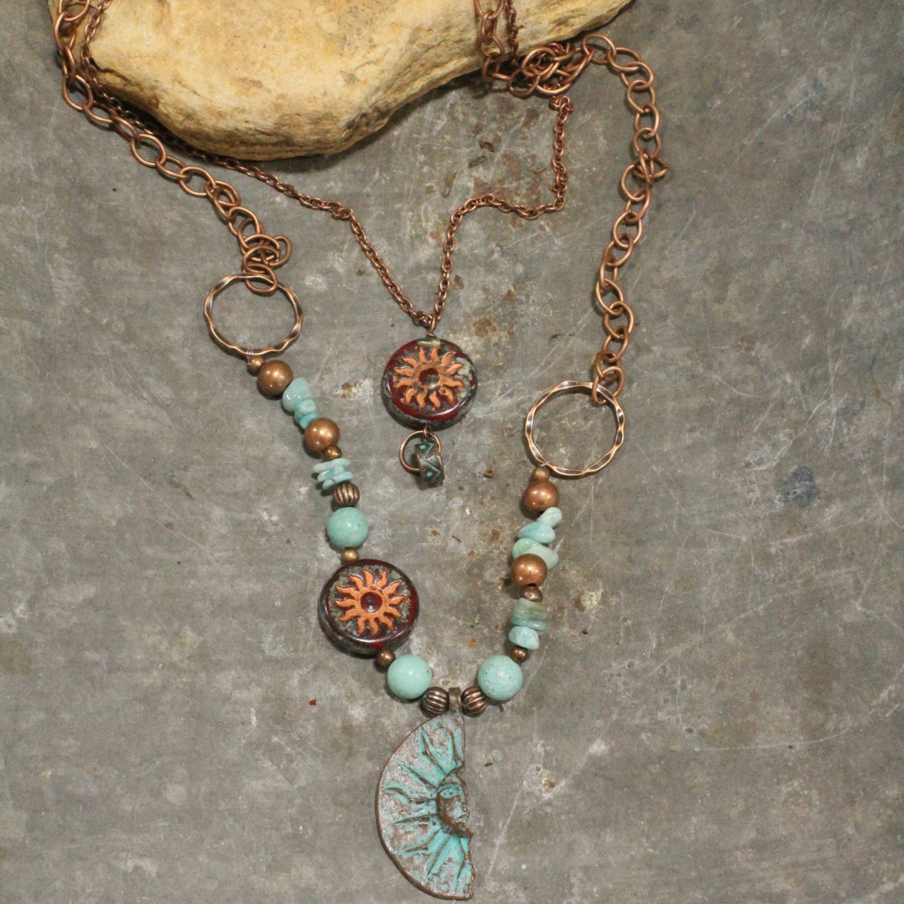 Copper Drop Tribal Pattern Czech Layered Necklace Set