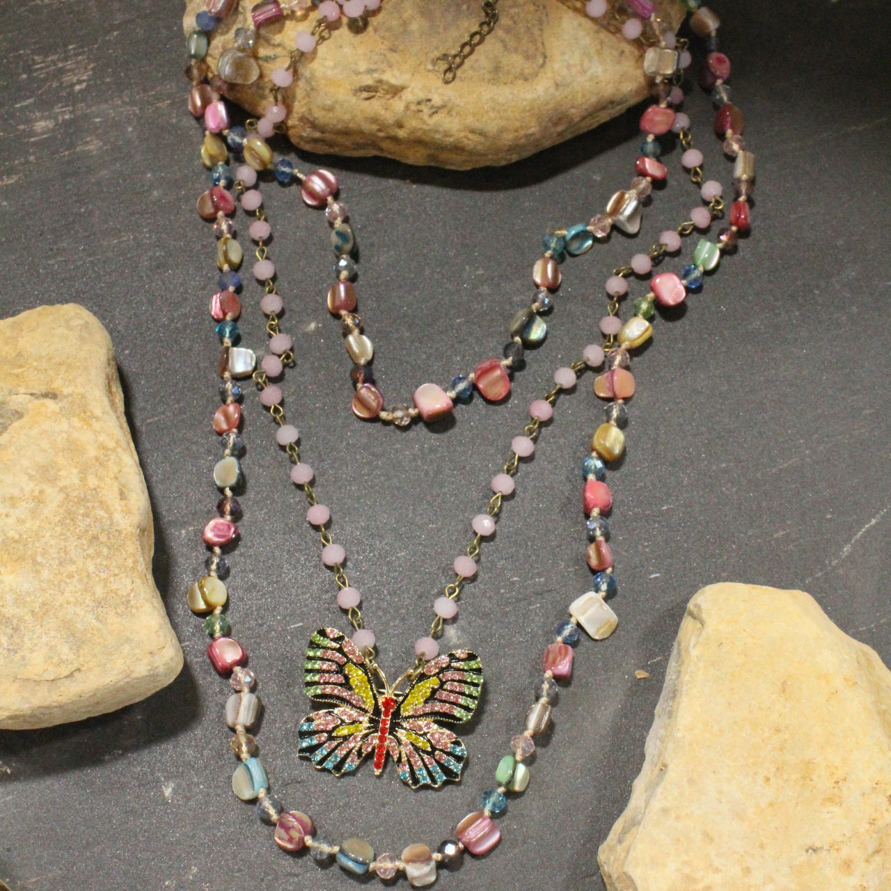 I Can Fly Multi-Color Pink Butterfly Layered Necklace