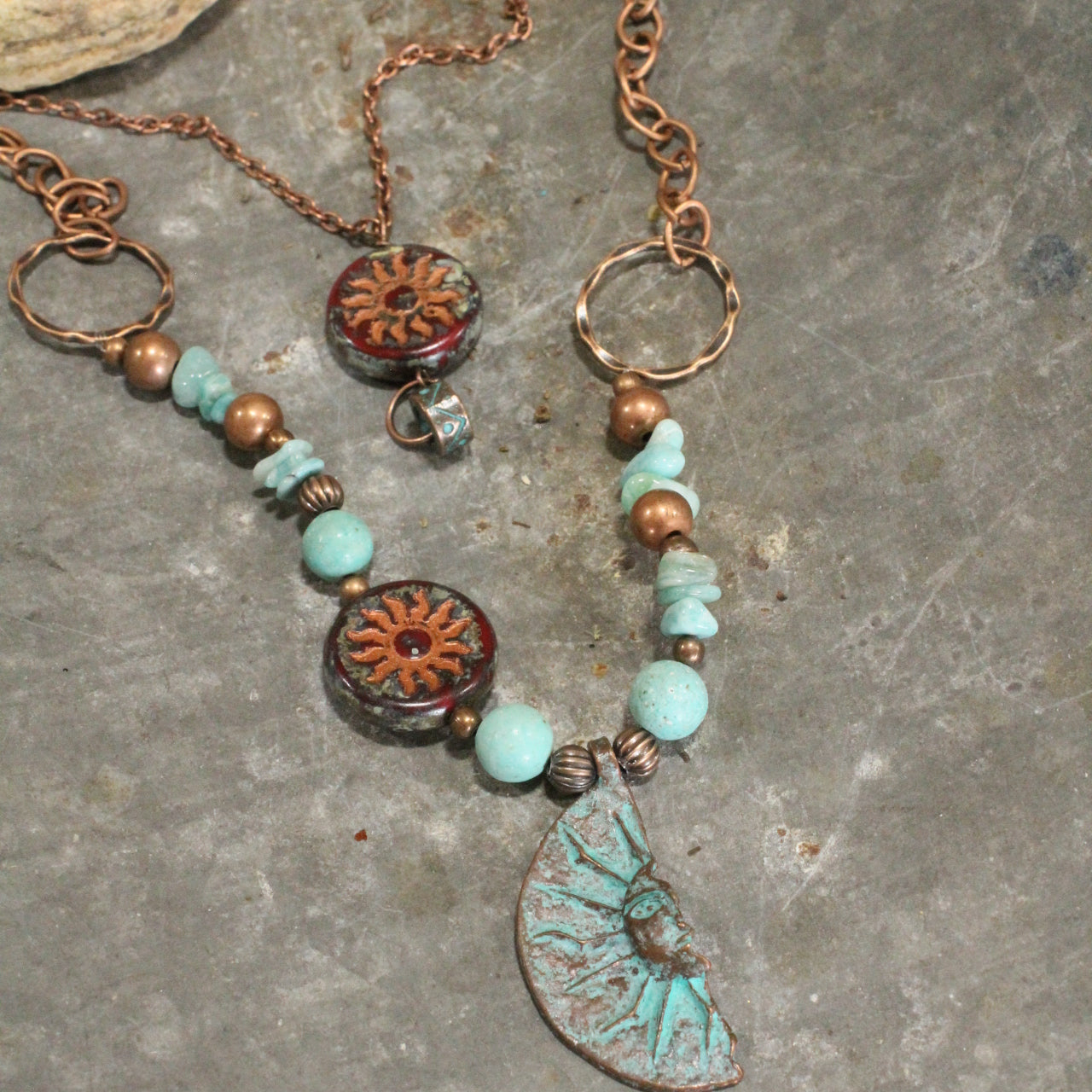 Copper Drop Tribal Pattern Czech Layered Necklace Set