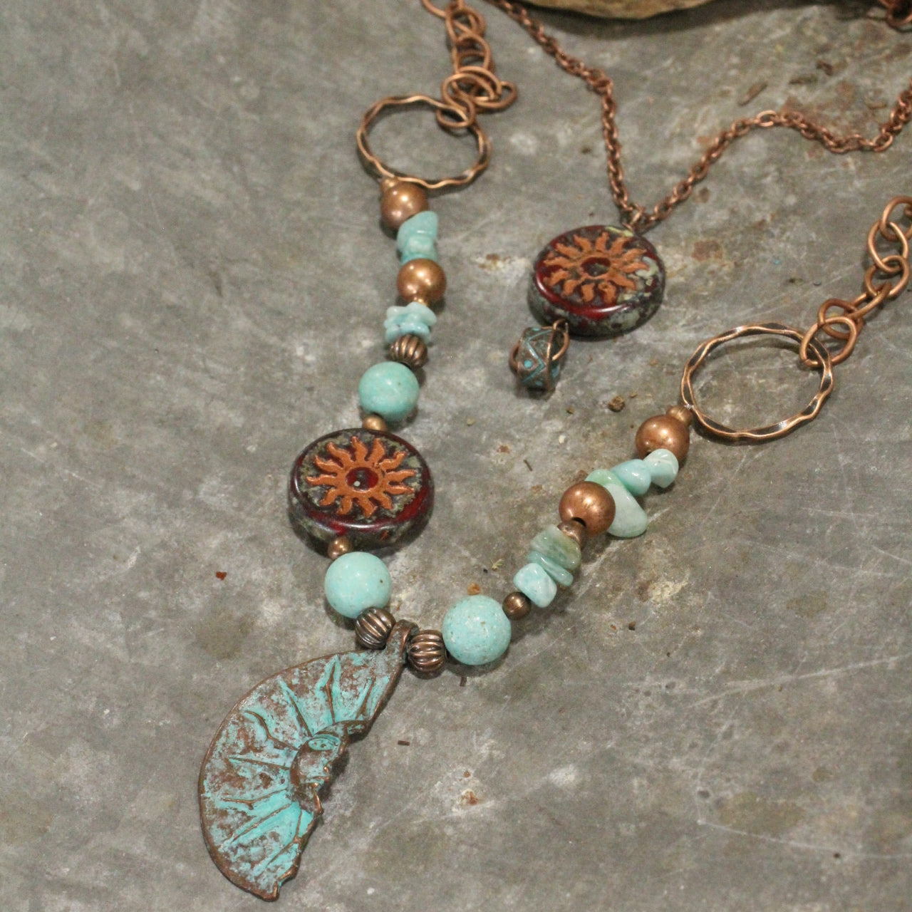 Copper Drop Tribal Pattern Czech Layered Necklace Set