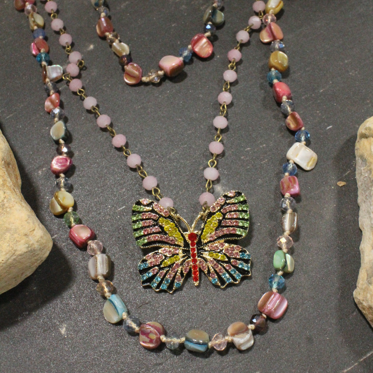 I Can Fly Multi-Color Pink Butterfly Layered Necklace