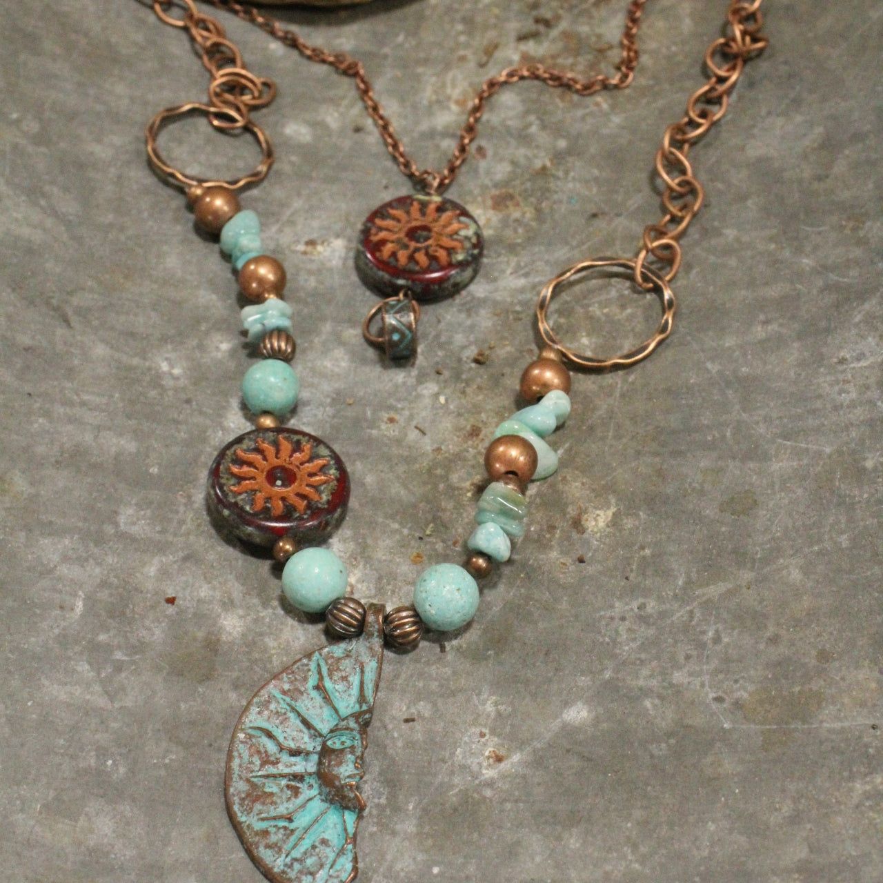 Copper Drop Tribal Pattern Czech Layered Necklace Set