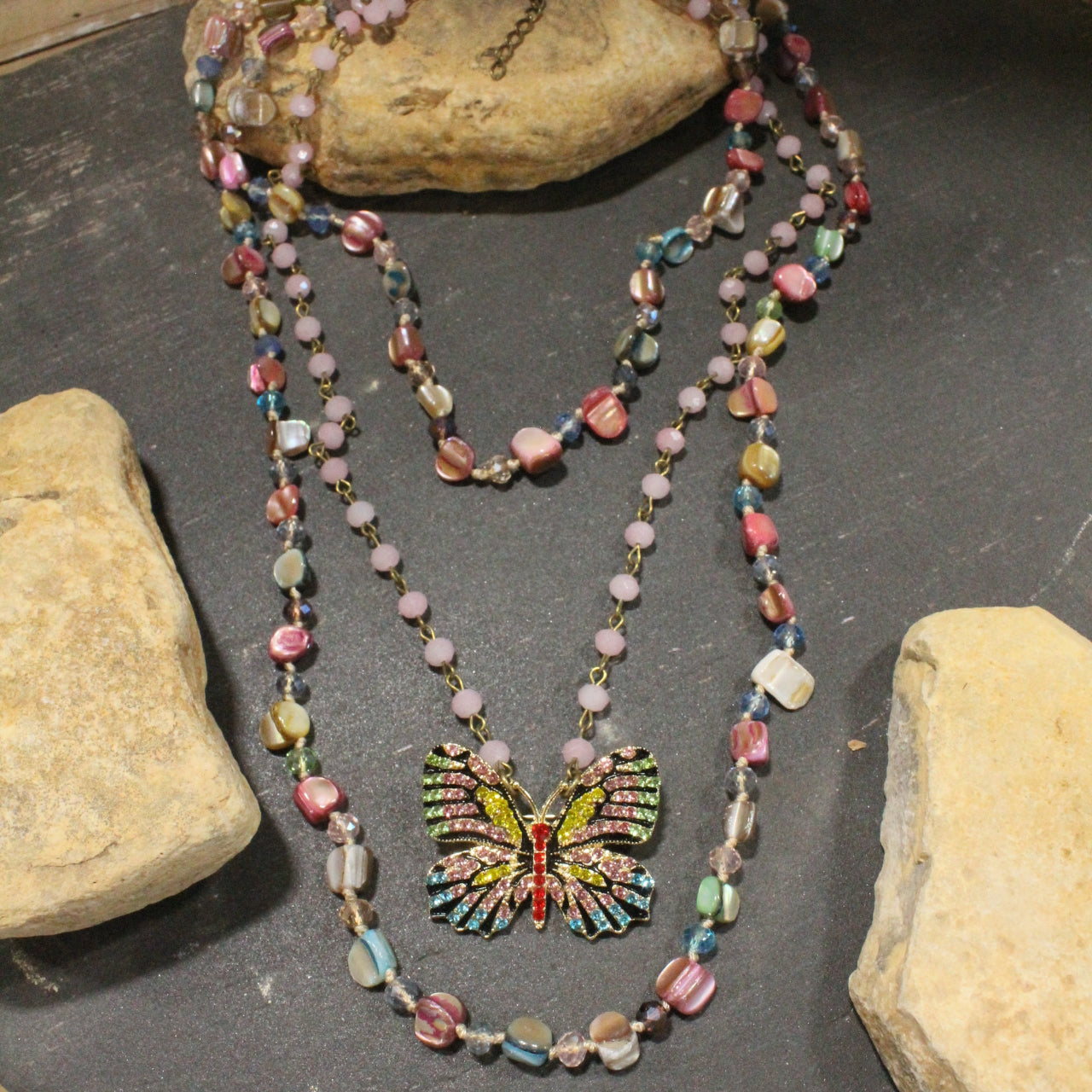 I Can Fly Multi-Color Pink Butterfly Layered Necklace